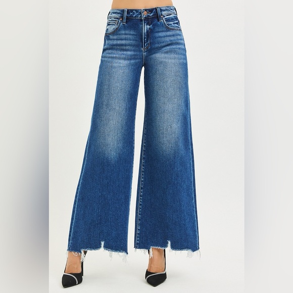 RISEN High Rise Wide Leg Jeans with Distressed Hem - Picture 4 of 7